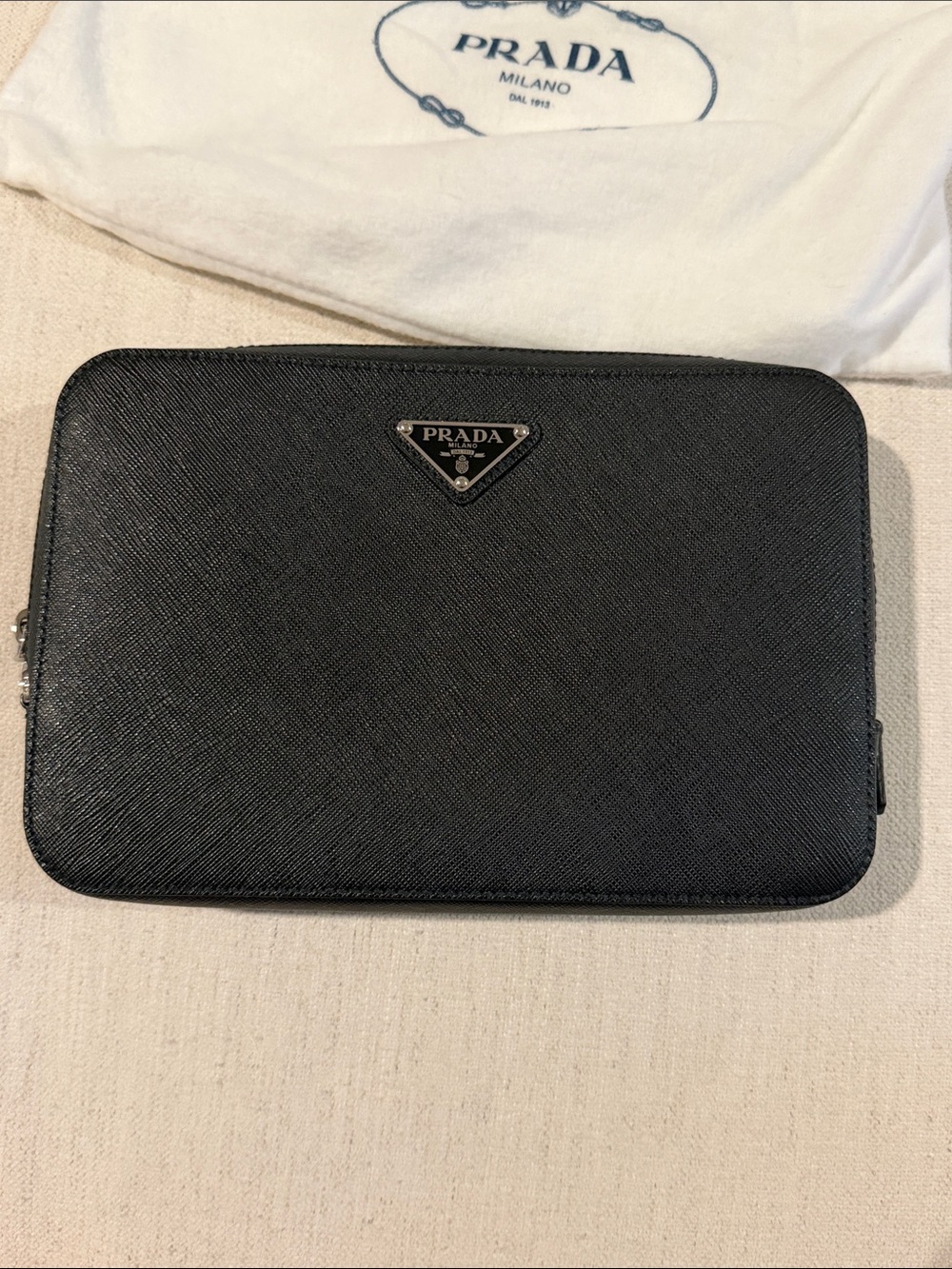 Prada Saffiano Leather Zip-around Pouch In Black Blue